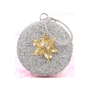Luxury Pearl Rhinestone Embellishment Floral Pattern Glitter Silver Round Clutch Handbag 18*18 CM