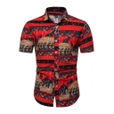 Mens Summer Ethnic Style Tribal Printed Short Sleeve Red Slim Fitted Button Shirt
