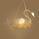 Gold Nest Suspension Light with Egg 3 Lights Rustic Metal Chandelier for Kid Bedroom Restaurant