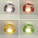 Modern Globe Cage Flush Ceiling Light 1 Light Metal Ceiling Lamp in Blue/Green/Red/Yellow for Bedroom