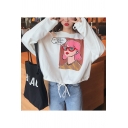 Chic Cartoon Letter Print Drawstring Hem Round Neck Long Sleeve Loose Fit Sweatshirt