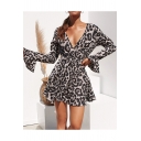 Trendy Leopard Print V-Neck Long Sleeve Tie Waist Mini A-Line Chiffon Dress For Women