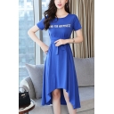Letter PINK FOR HAPPINESS Printed Round Neck Short Sleeve Tied Waist Dipped Hem Midi A-Line T-Shirt Dress