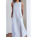 Basic Simple Fashion Striped Printed Round Neck Sleeveless Maxi Swing Dress with Pocket