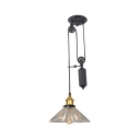 Conical Shade Hallway Pendant Light with Pulley Clear/Smoke Gray Glass Vintage Style Ceiling Light