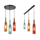 Creative Linear/Round Canopy Pendant Light Wine Bottle 3 Lights Glass Hanging Light for Bar