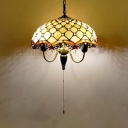 Beige Scalloped Shade Pendant Lamp with Beads & Pull Chain 3 Lights Vintage Glass Hanging Light for Cafe
