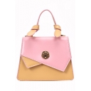 Women's Fashion Color Block Metal Button Embellishment Top Handle Casual Crossbody Satchel Bag 19*15*8 CM