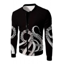 Funny Cool Octopus Pattern Long Sleeve Zip Up Black Fitted Jacket for Men