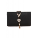 Stylish Plain Metal Rhinestone Ring Tassel Embellishment Black Evening Clutch Bag 20*4*12 CM