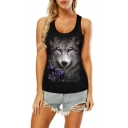 Summer New Stylish 3D Wolf Printed Scoop Neck Hollow Out Back Black Fitted Tank Top