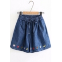 Summer Cute Fruit Embroidery Drawstring Waist Wide Leg Denim Blue Shorts