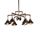 Industrial Cone Shade Chandelier with Pipe & Gear 6 Lights Metal Pendant Light in Brass for Cafe