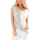 Fashion Two-Tone Round Neck Short Sleeve Twist Front Grey and White T-Shirt