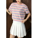 Summer Girls Colorful Stripe Printed Round Neck Short Sleeve Casual Tee