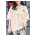 Cartoon Planet Print Round Neck Stylish Layered Mesh Patched Casual T-Shirt