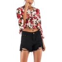 Summer Chic Red Floral Printed V-Neck Flared Sleeve Cropped Chiffon Blouse