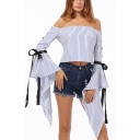 Sexy Off the Shoulder Bow-Tied Ribbon Extra Long Sleeve Striped Cropped Blouse for Women