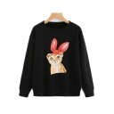 Hot Fashion Women's Cute Cartoon Rabbit Printed Round Neck Long Sleeve Black Pullover Sweatshirt