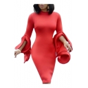 Womens Simple Plain High Neck Extra Long Sleeve Mini Bodycon Red Club Dress
