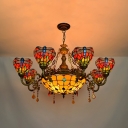 Dining Room Dragonfly Chandelier Stained Glass 9 Lights Rustic Style Hanging Lamp with Crystal