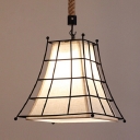 White Tapered Pendant Lamp with Cage 1 Light Rustic Style Fabric Hanging Light for Shop Bar