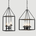 Traditional Candle Suspension Light with Rectangle Cage 3/4 Lights Metal Chandelier in Black for Bar