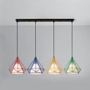 4 Lights Diamond Caged Island Light Vintage Style Fabric Metal Pendant Lamp for Dining Room