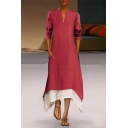 Hot Fashion V-Neck Long Sleeve Plain Asymmetric Hem A-Line Maxi Dress