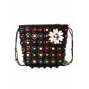 Summer Fashion Bead Flower Ring Embellishment Hollow Woven Crossbody Beach Bag 12*5*14 CM
