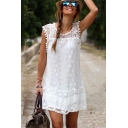 Womens Chic Solid Color Round Neck Sleeveless Pompom Hem Mini Casual Lace Tank Dress