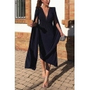 Womens New Stylish Simple Solid Color Extra Long Sleeve Plunging Neck Midi Navy Pencil Dress
