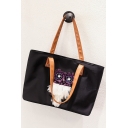 Cute Cartoon Owl Pattern Rhinestone Feather Embellishment Black Travel Tote Bag