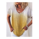 Summer Chic Simple Plain Ombre Color V-Neck Short Sleeve Casual Loose T-Shirt