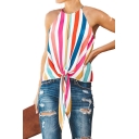 Hot Popular Colorful Striped Print Sleeveless Knotted Hem Cami Top