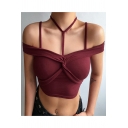 Summer Sexy Plain Halter Off The Shoulder Cutout Cropped Cami For Women