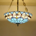 Stained Glass Dome Hanging Light Tiffany Style Nautical Chandelier in Blue for Bedroom