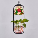 Rose Study Room Pendant Lamp Stained Glass 1 Light Tiffany Style Rustic Hanging Light