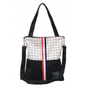 Trendy Color Block Stripe Plaid Pattern Canvas School Shoulder Bag 30*1*34 CM