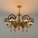 Victorian Style Dome Chandelier Stained Glass 7 Lights Suspension Light with Crystal for Bar