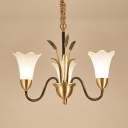 Rustic Style Brass Pendant Light Flower Shade 3 Lights Frosted Glass Chandelier with Leaf for Bedroom