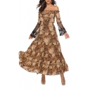 Women's Fashion Off The Shoulder Long Sleeve Leopard Printed Lace Patch Maxi Beach Swing Camel Dress