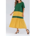 Hot Fashion Round Neck Short Sleeve Colorblock Printed Loose Maxi Swing Green Dress
