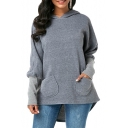 Gray Patched Long Sleeve Pockets Plain Asymmetric Hem Hoodie