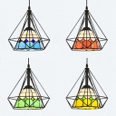 American Rustic Wire Frame Pendant Light 1 Head Stained Glass Hanging Light for Restaurant