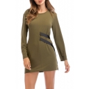 Unique Black Ribbon Embellished Simple Plain Long Sleeve Round Neck Army Green Mini A-Line Dress