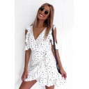 Summer Chic White Polka Dot Pattern V-Neck Cold Shoulder Tied Waist Mini A-Line Ruffle Dress