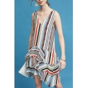 Fashion Colorful Striped Printed V-Neck Sleeveless Mini Shift Ruffle Dress