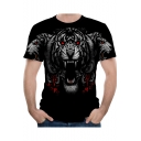 Cool Angry Tiger 3D Pattern Round Neck Short Sleeve Black T-Shirt