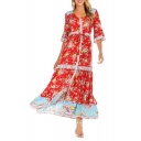 Summer Holiday Bohemian Style Floral Printed Button Down Maxi Flowy A-Line Dress